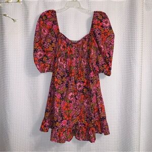 RAHI Anthropologie Floral Puff Sleeve Sweetheart Neckline Mini Dress. M